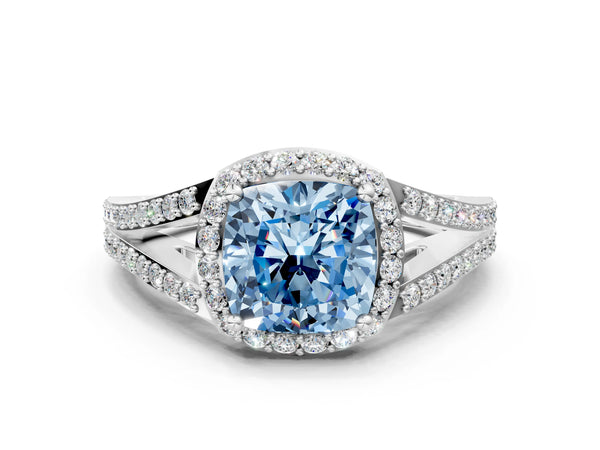 Platinum Fancy Blue Cushion  Halo Split Shank Pave Diamond Ring with Four-Prong Setting