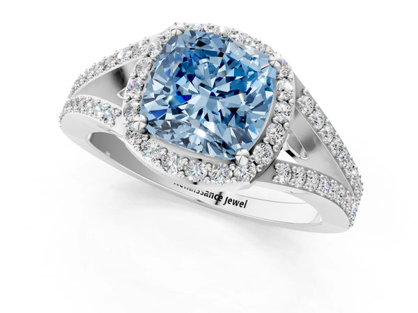 Platinum Fancy Blue Cushion  Halo Split Shank Pave Diamond Ring with Four-Prong Setting