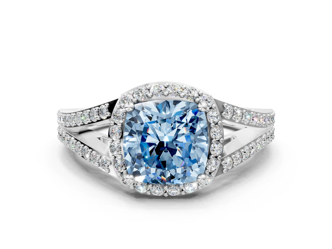 White gold Fancy Blue Cushion  Halo Split Shank Pave Diamond Ring with Four-Prong Setting_50