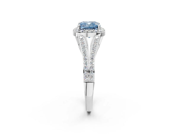 Platinum Fancy Blue Cushion  Halo Split Shank Pave Diamond Ring with Four-Prong Setting
