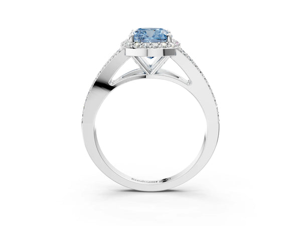 Platinum Fancy Blue Cushion  Halo Split Shank Pave Diamond Ring with Four-Prong Setting