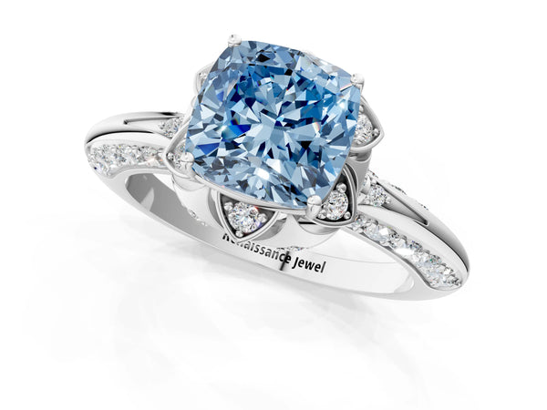 Platinum Fancy Blue Cushion  Halo Split Shank Pave Diamond Ring with Petal Prong Setting
