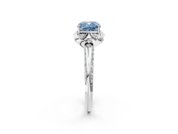 Platinum Fancy Blue Cushion  Halo Split Shank Pave Diamond Ring with Petal Prong Setting