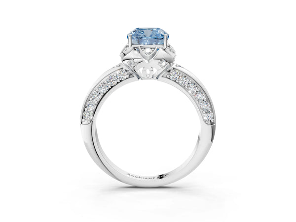 Platinum Fancy Blue Cushion  Halo Split Shank Pave Diamond Ring with Petal Prong Setting