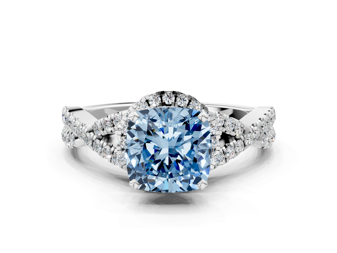 White gold Fancy Blue Cushion  Halo Twist Band Solitaire Prong Setting Ring_80