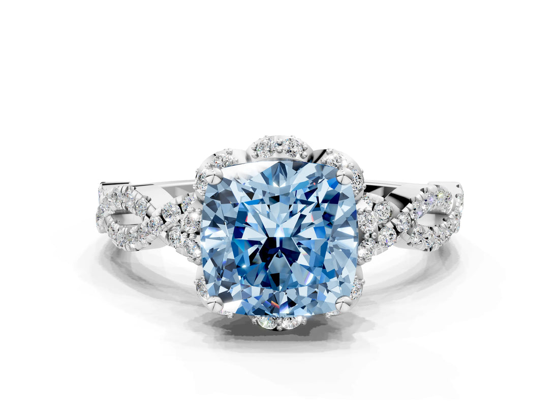 White gold Fancy Blue Cushion  Halo Twist Band Solitaire Ring with Six-Prong Setting_31