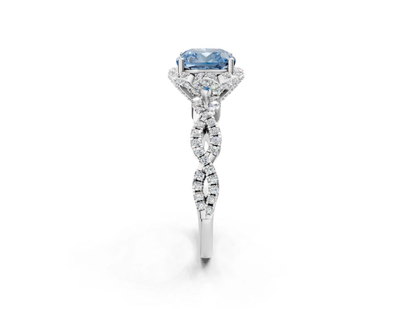 White gold Fancy Blue Cushion  Halo Twist Band Solitaire Ring with Six-Prong Setting