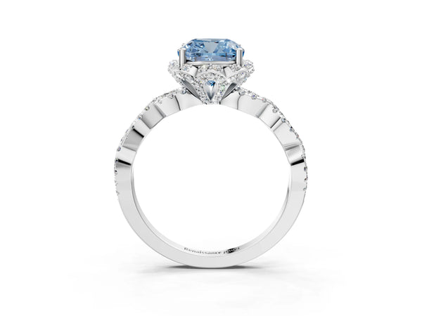 White gold Fancy Blue Cushion  Halo Twist Band Solitaire Ring with Six-Prong Setting