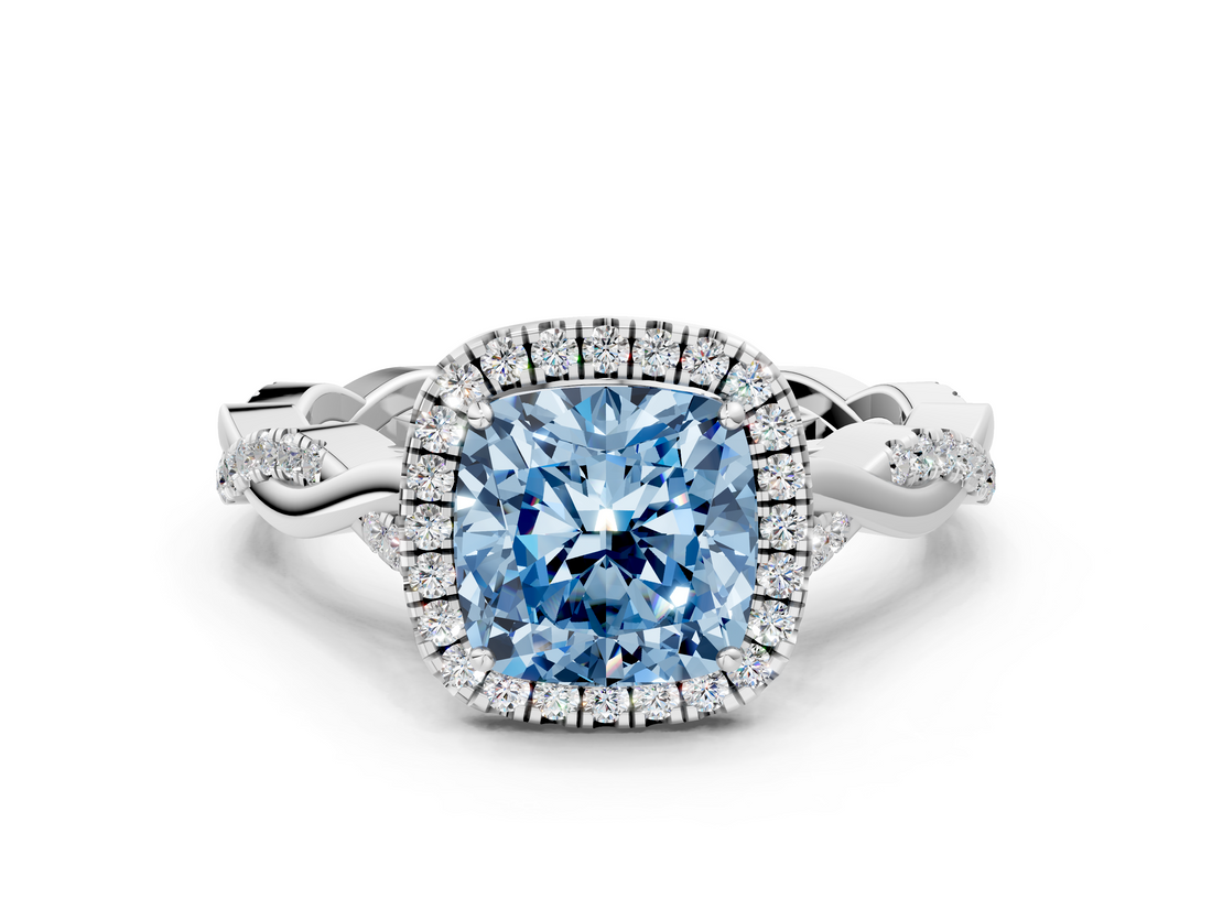 White gold Fancy Blue Cushion  Halo Twist Band Solitaire Ring_20