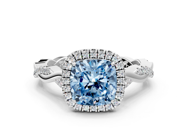 White gold Fancy Blue Cushion  Halo Twist Band Solitaire Ring
