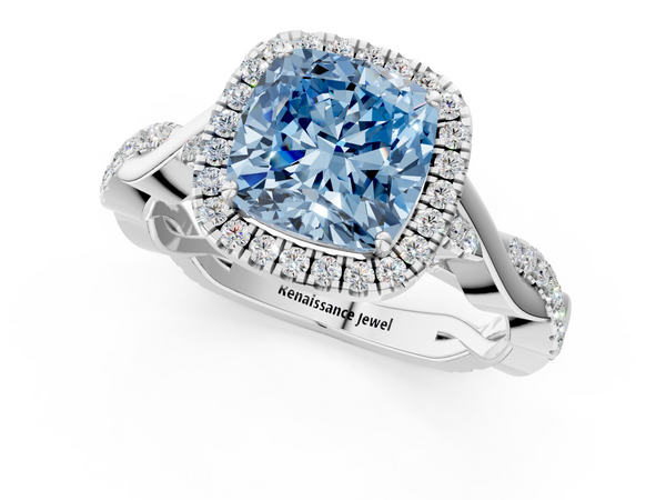 White gold Fancy Blue Cushion  Halo Twist Band Solitaire Ring
