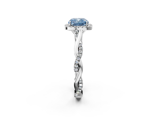 White gold Fancy Blue Cushion  Halo Twist Band Solitaire Ring