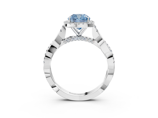 White gold Fancy Blue Cushion  Halo Twist Band Solitaire Ring