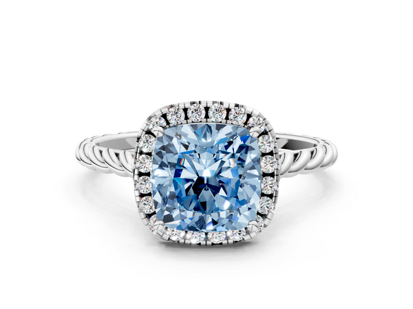 White gold Fancy Blue Cushion  Halo Twisted Band Four-Prong Diamond Ring
