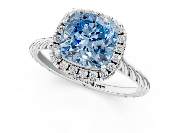 White gold Fancy Blue Cushion  Halo Twisted Band Four-Prong Diamond Ring