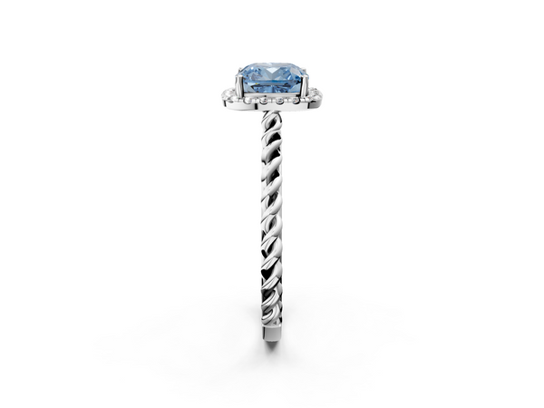 White gold Fancy Blue Cushion  Halo Twisted Band Four-Prong Diamond Ring