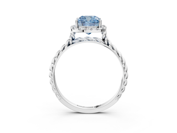 White gold Fancy Blue Cushion  Halo Twisted Band Four-Prong Diamond Ring