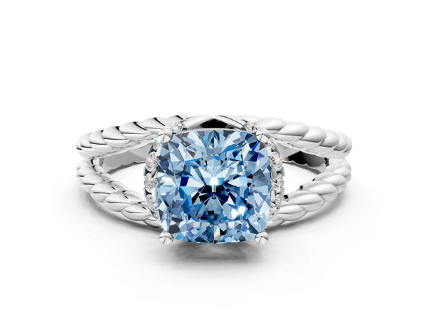 Platinum Fancy Blue Cushion  Halo Twisted Band Four-Prong Ring