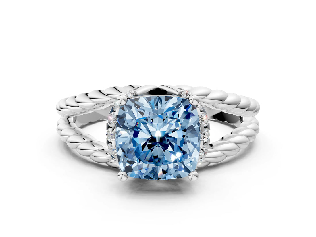 White gold Fancy Blue Cushion  Halo Twisted Band Four-Prong Ring_32
