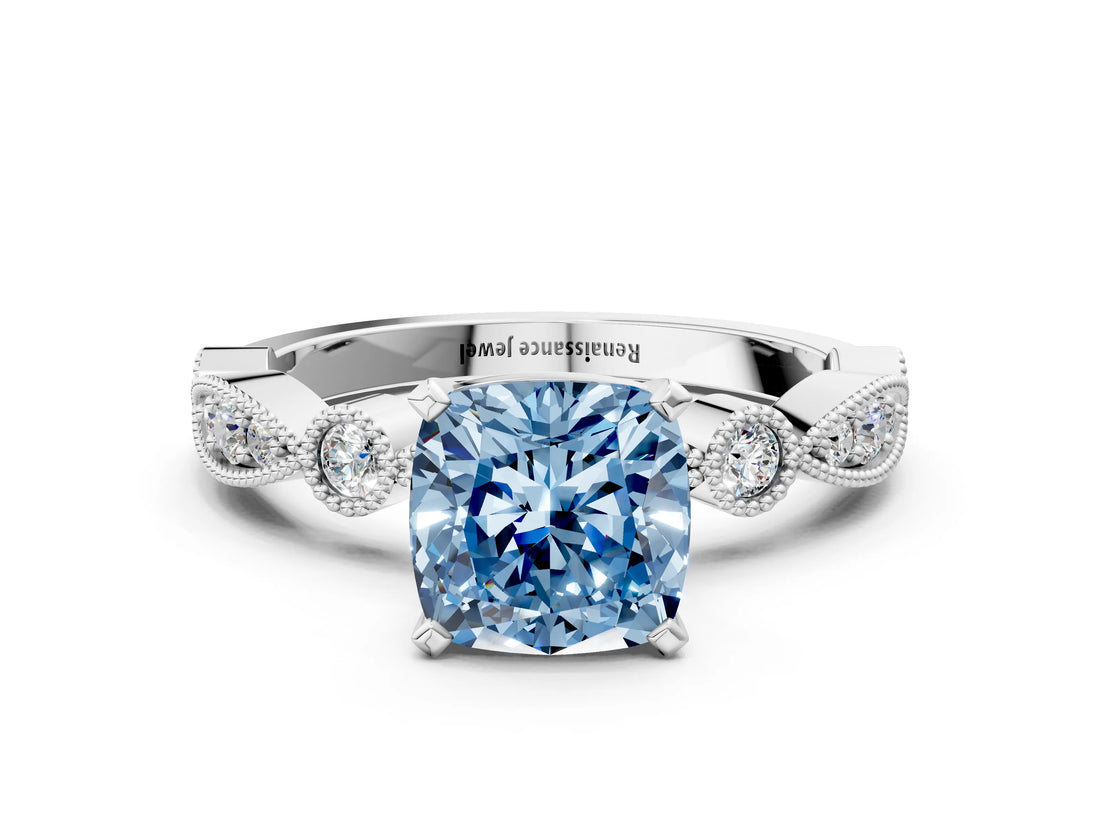 White gold Fancy Blue Cushion  Milgrain Bezel Diamond Engagement Ring with Solitaire Prong Setting_154