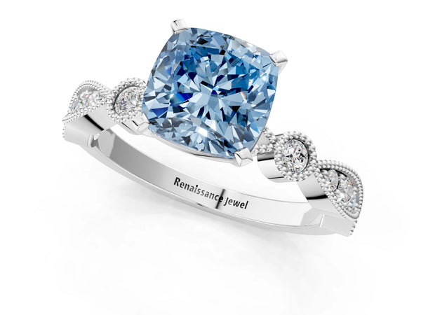 Platinum Cushion Cut Milgrain Bezel Engagement Ring Setting for Fancy Blue Center