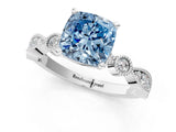 White gold Fancy Blue Cushion  Milgrain Bezel Diamond Engagement Ring with Solitaire Prong Setting_161