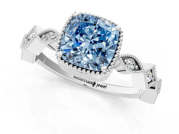 Platinum Fancy Blue Cushion  Milgrain Marquise Diamond Twist Band Ring