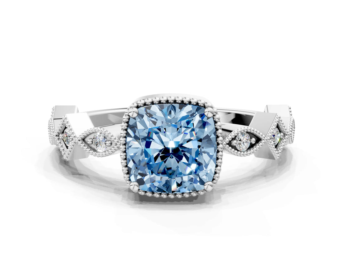 White gold Fancy Blue Cushion  Milgrain Marquise Diamond Twist Band Ring_63