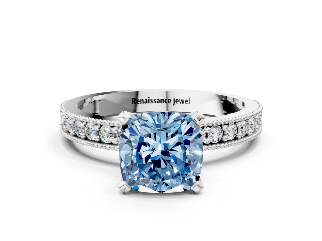 White gold Fancy Blue Cushion  Milgrain Pave Diamond Engagement Ring with Four-Prong Setting_181
