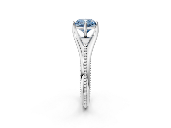 White gold Fancy Blue Cushion  Solitaire Beaded Band Six-Prong Setting