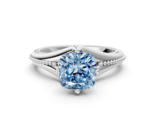 White gold Fancy Blue Cushion  Solitaire Beaded Band Six-Prong Setting
