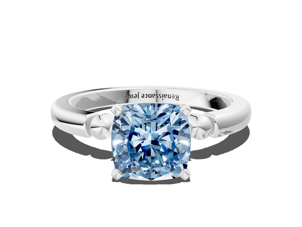 Platinum Fancy Blue Cushion  Solitaire Beaded Band with Four-Prong Setting