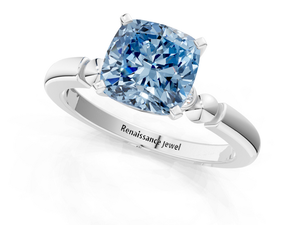 Platinum Fancy Blue Cushion  Solitaire Beaded Band with Four-Prong Setting