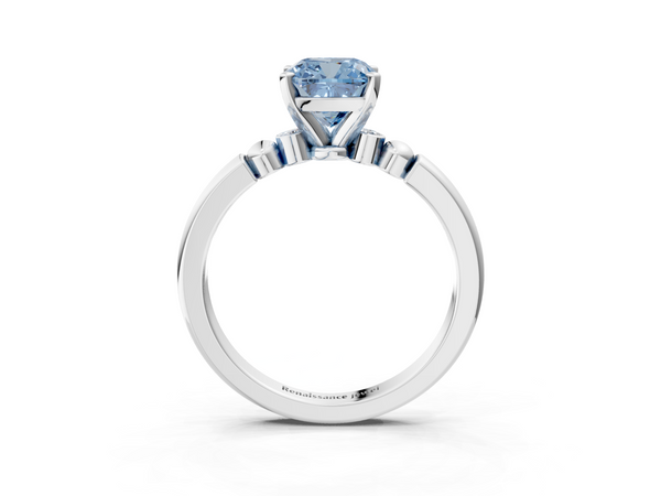 Platinum Fancy Blue Cushion  Solitaire Beaded Band with Four-Prong Setting