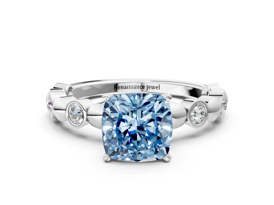 White gold Fancy Blue Cushion  Solitaire Bezel-Set Diamond Ring with Beaded Band and Four-Prong Setting_32