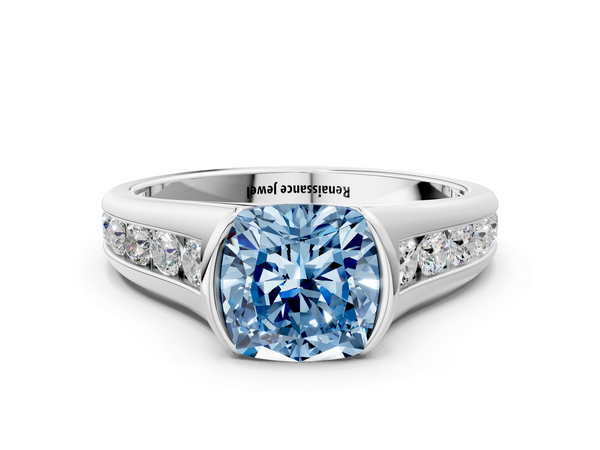 Platinum Cushion Cut Half Bezel Engagement Ring Setting for Fancy Blue Center