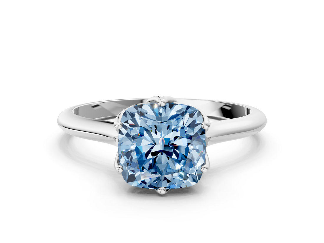 White gold Fancy Blue Cushion  Solitaire Cathedral Diamond Ring with Six-Prong Setting_17