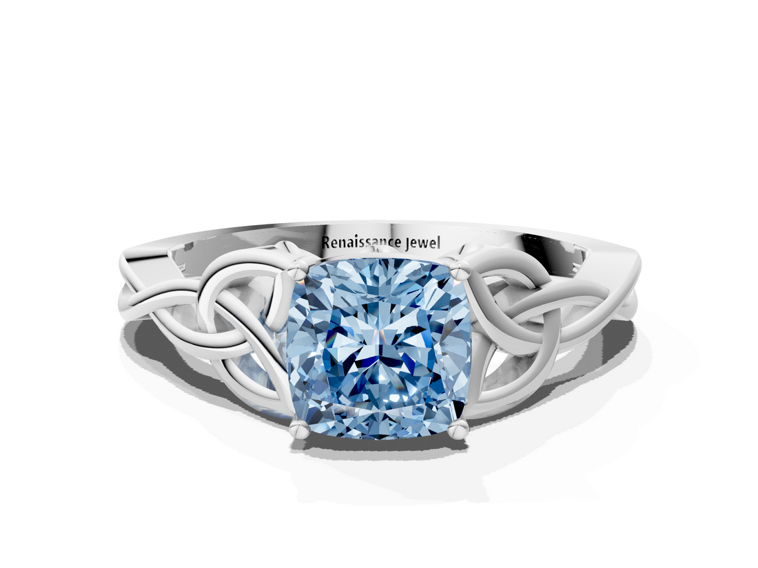 White gold Fancy Blue Cushion  Solitaire Celtic Knot Engagement Ring with Four-Prong Setting_102