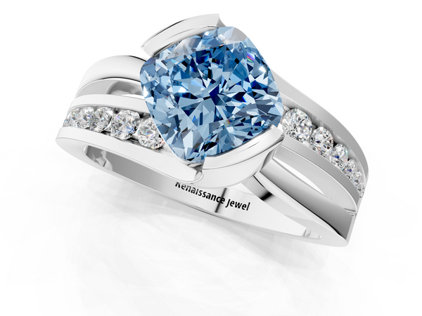 Platinum Fancy Blue Cushion  Solitaire Channel-Set Split Shank Ring with Tension Prong Setting