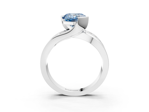Platinum Fancy Blue Cushion  Solitaire Channel-Set Split Shank Ring with Tension Prong Setting