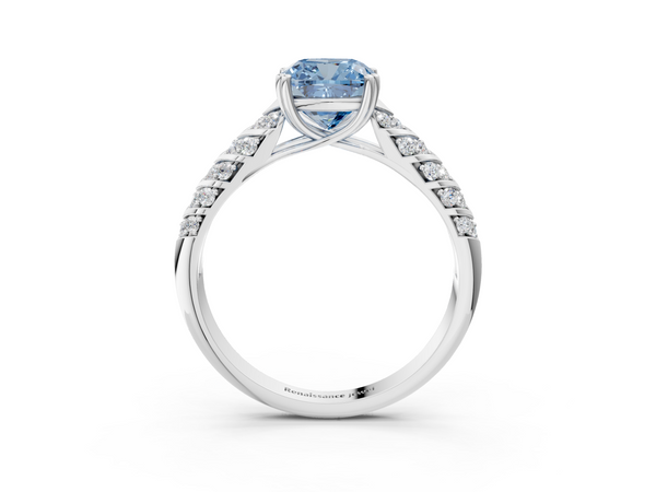 White Gold Cushion Cut Chevron Pave Solitaire Engagement Ring Setting for Fancy Blue Center