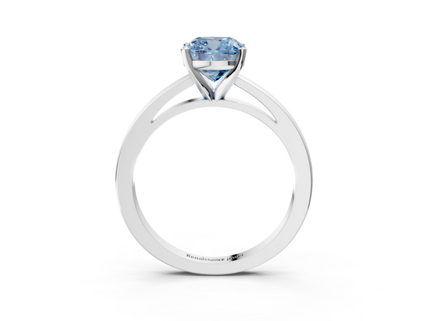 White gold Fancy Blue Cushion  Solitaire Diamond Engagement Ring with Four-Prong Setting on a Classic Band