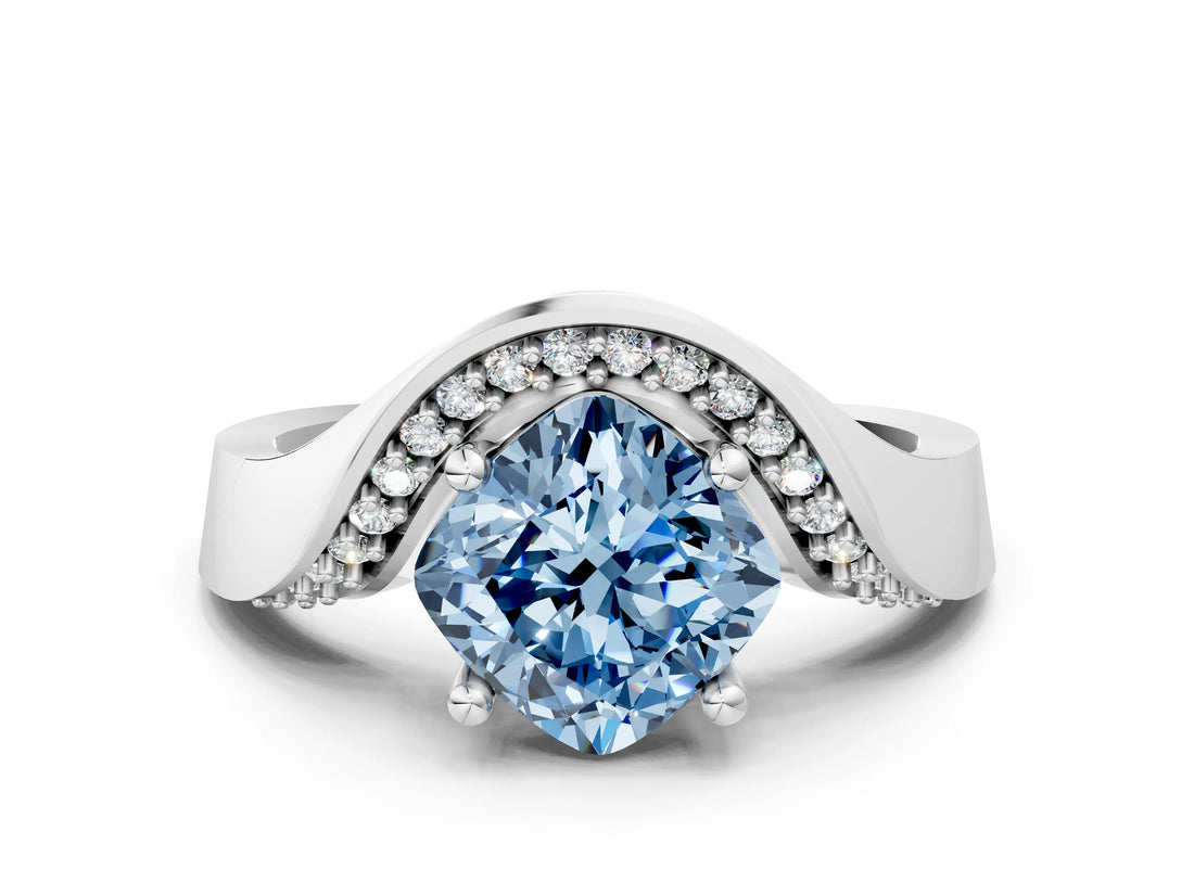 White gold Fancy Blue Cushion  Solitaire Diamond Engagement Ring with Pave Band and Four-Prong Setting_38