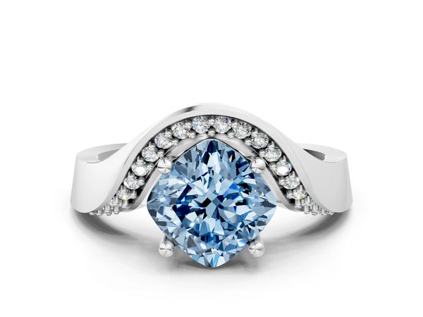 Platinum Fancy Blue Cushion  Solitaire Diamond Engagement Ring with Pave Band and Four-Prong Setting