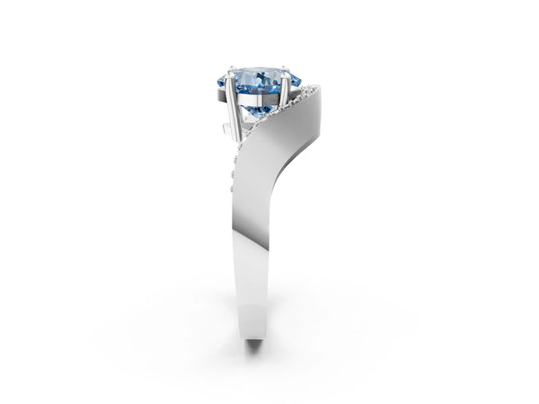 Platinum Fancy Blue Cushion  Solitaire Diamond Engagement Ring with Pave Band and Four-Prong Setting