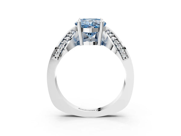Platinum Fancy Blue Cushion  Solitaire Diamond Engagement Ring with Pave Band and Four-Prong Setting