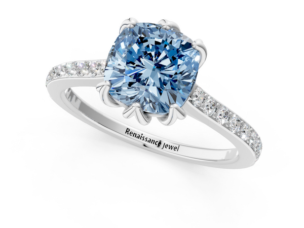 White gold Fancy Blue Cushion  Solitaire Diamond Engagement Ring with Pave Band and Six-Prong Setting