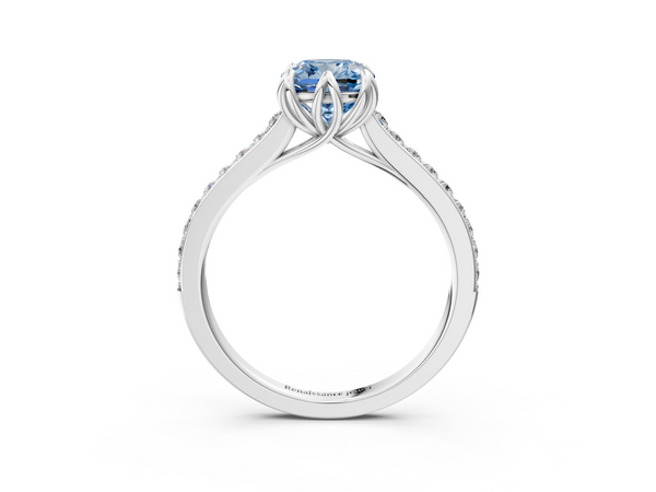 White gold Fancy Blue Cushion  Solitaire Diamond Engagement Ring with Pave Band and Six-Prong Setting