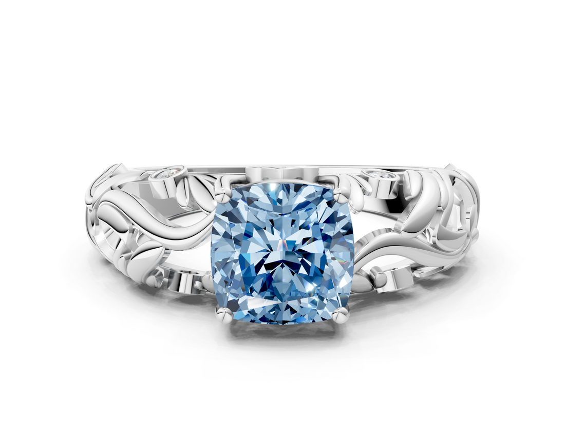 White gold Fancy Blue Cushion  Solitaire Diamond Leaf Vine Band with Prong Setting_62