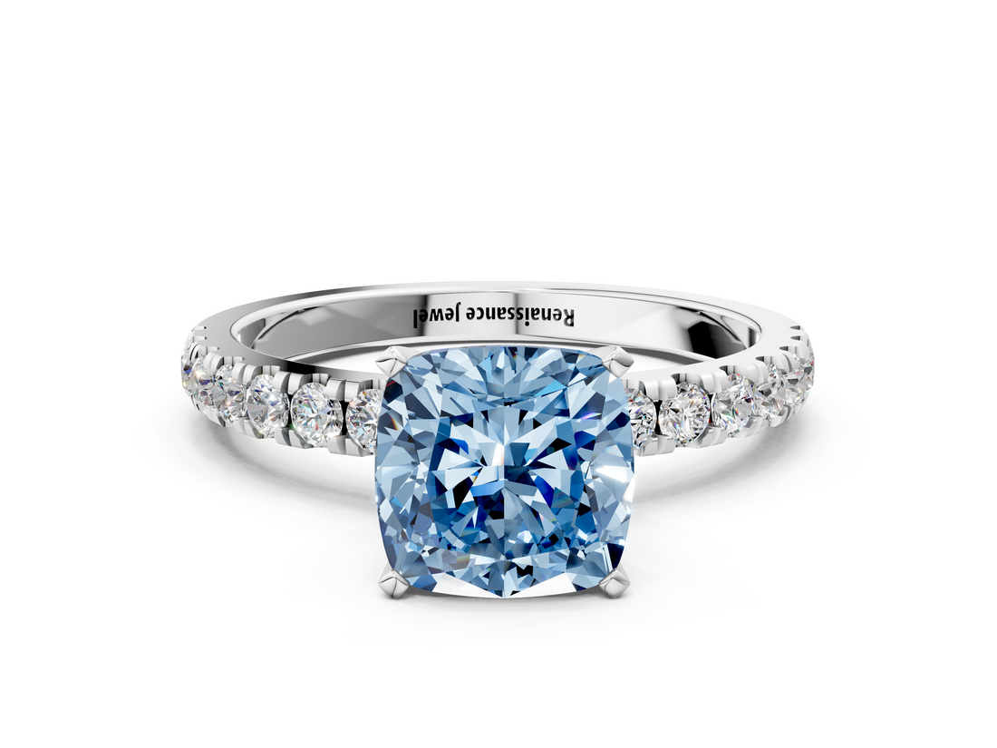 White gold Fancy Blue Cushion  Solitaire Diamond Pavé Band with Four-Prong Setting_24